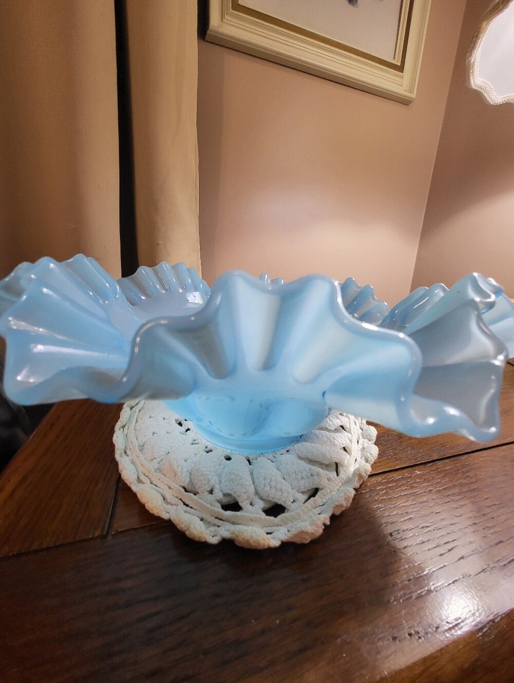 Fenton Touquise Blue  Ruffled 10 Inch  Glass Art Bowl